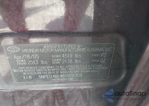 2006 Hyundai Sonata Gls V6/Lx V6 из США, поврежденный, VIN 5NPEU46F46H001709